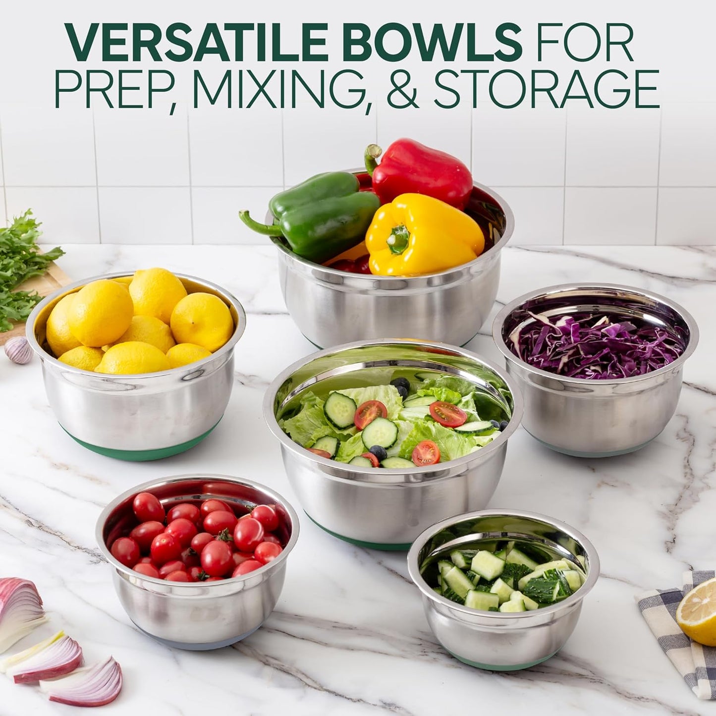 COOK WITH COLOR Stainless Steel Mixing Bowls Set with Lids - Nesting Bowls with Non-Slip Bottom, Sage, 12 Pieces