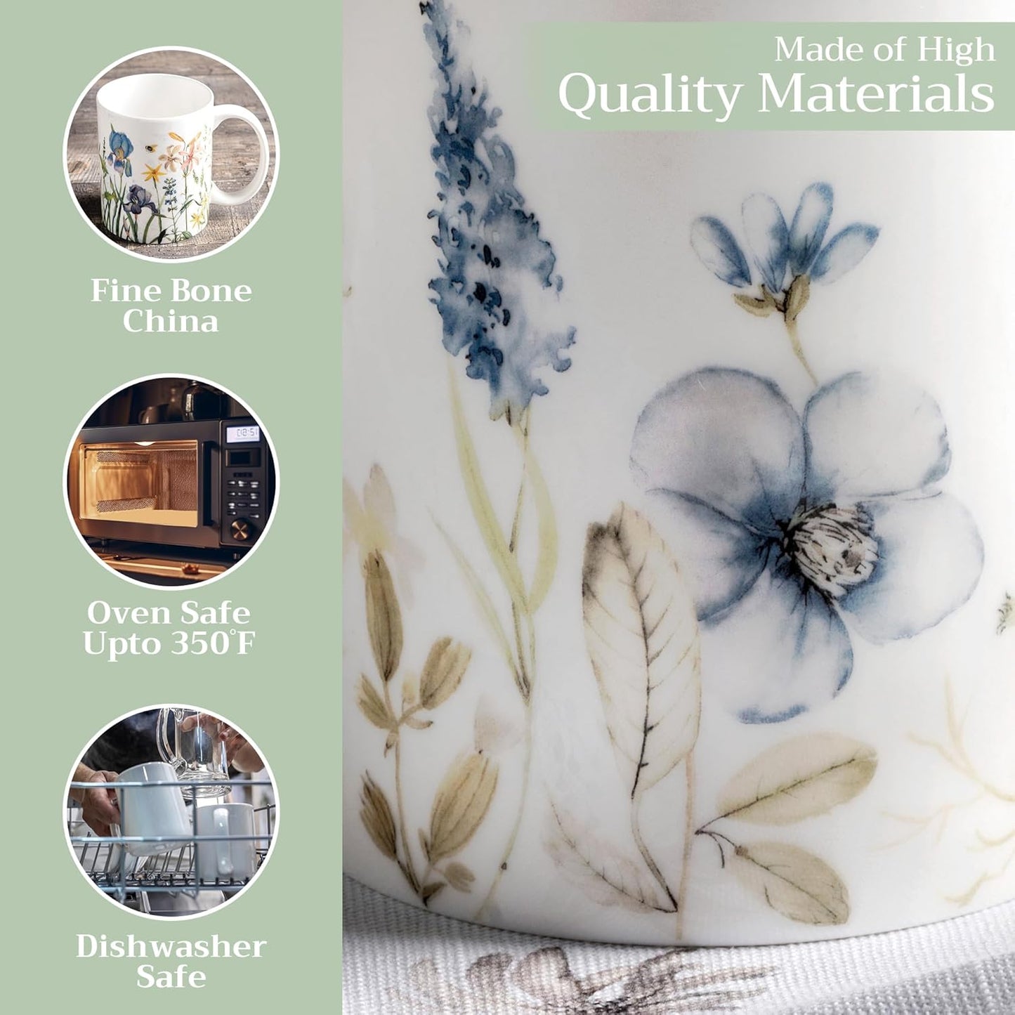 Maison d' Hermine Coffee Mug with Handles Fine Bone China Mugs Pack of One Tea Cups for Hot Beverages Cappuccino Latte Home Restaurant Office Perfect for Gift (Ice Florals - Forsty Morning, 12 Ounce)