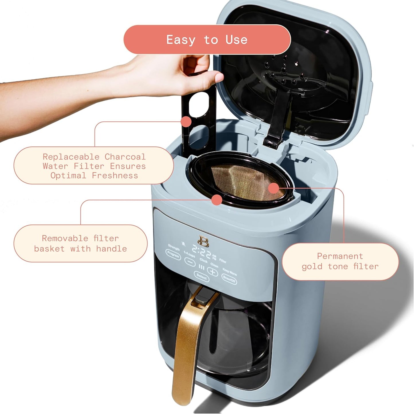 Beautiful Coffee Maker, 14-Cup, Touch-Activated Display, Programmable, Automatic Shut-Off, 1200W, Keep Warm, 24h Timer (Cornflower Blue)