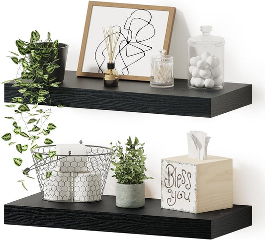 Vivelove Black Floating Shelves for Wall, 16 inchs x 6.7” deep x 1.4” Wall Shelf for Bathroom Bedroom, Living Room, Kitchen, Office Home Decor, Narrow Wood Shelves with Invisible Brackets Set of 2