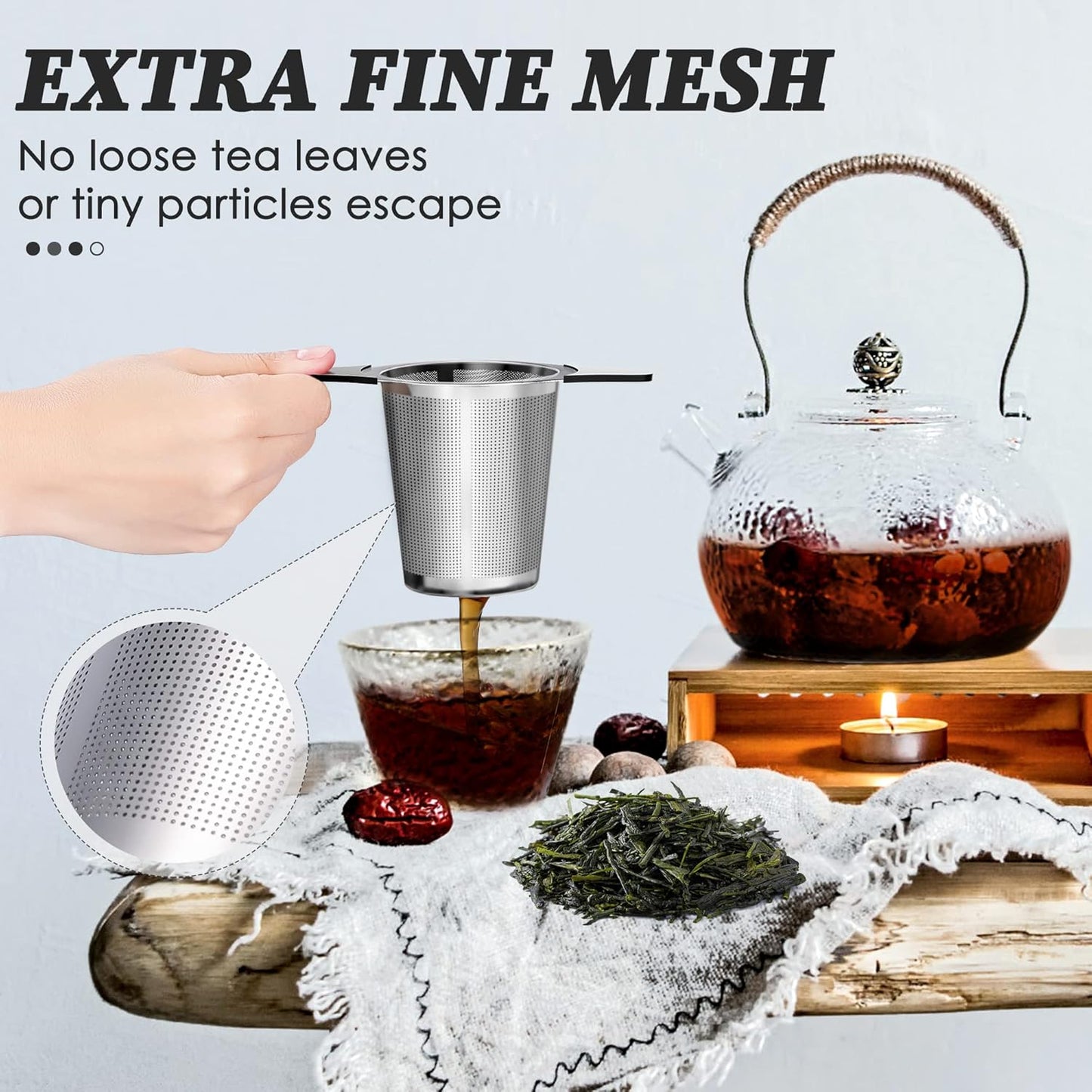 Upgraded Tea Infusers for Loose Tea, Silicone Covered Extra Fine Mesh 18/8 Stainless Steel Tea Strainer with Large Capacity & Double Handles to Steep Loose Leaf Tea and Coffee 1 Pack