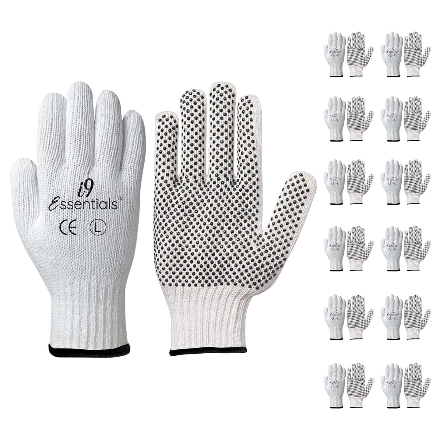 I9 Essentials Work Gloves – 12 Pairs Large Cotton Gloves with Anti-Slip PVC Dots – Durable, Lightweight Safety Gloves for Gardening, Construction, Carpentry & Warehouse Use