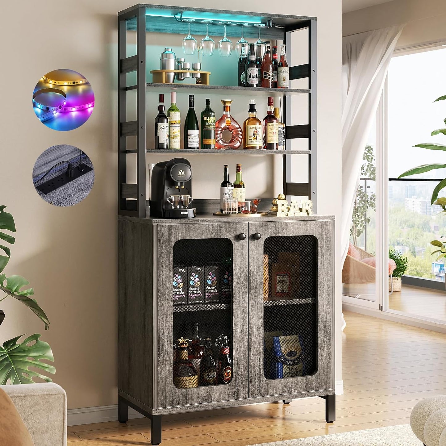 Aheaplus Bar Cabinet with Power Outlets, 67" Tall Wine Bar Cabinet Liquor Cabinet with LED Lights and Glass Holder, Coffee Bar Station for Living Room, Microwave Stand Bakers Rack Cabinet, White Oak