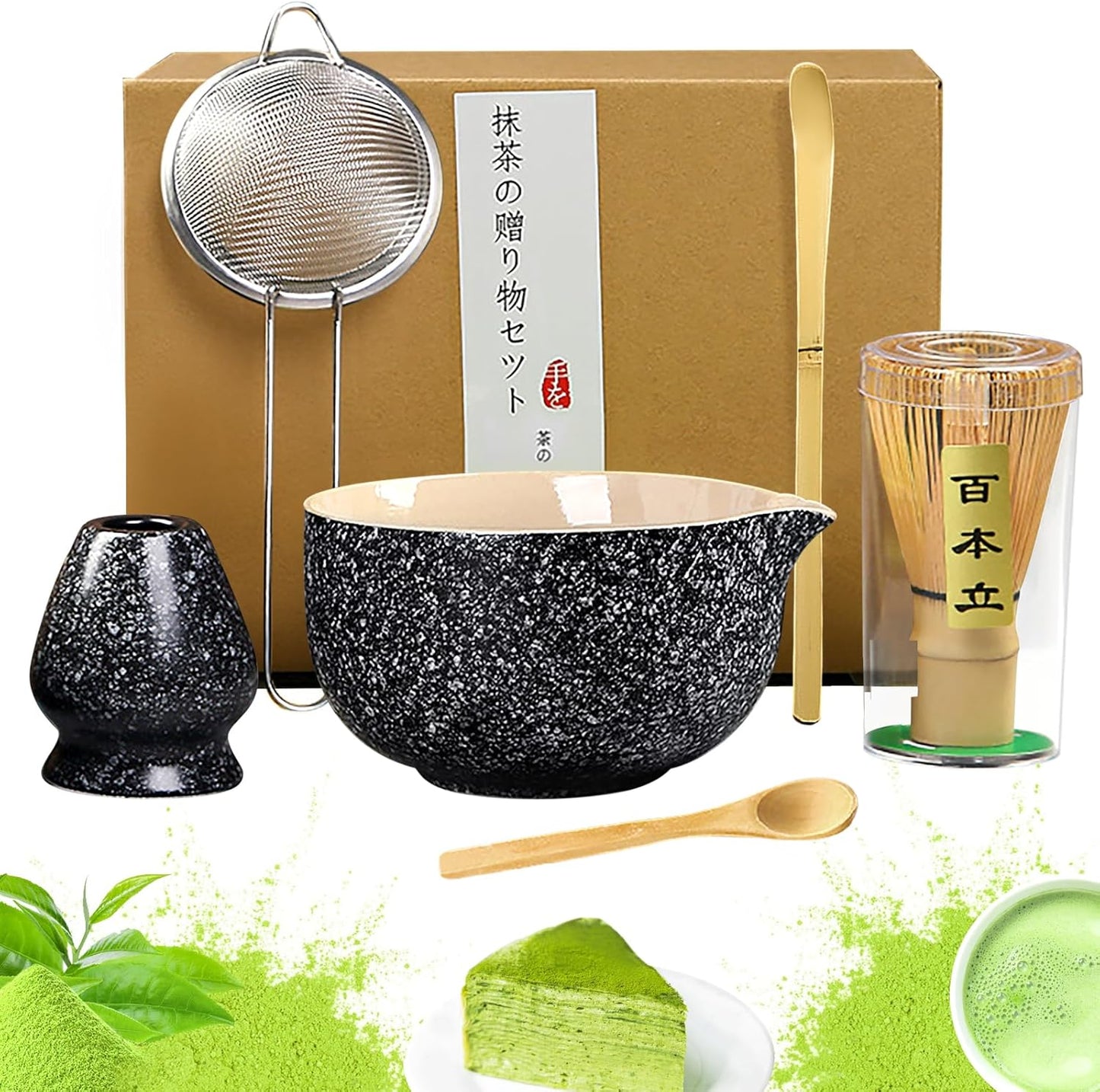 Matcha Set, 6 Pcs Matcha Whisk Set with 20 oz Bowl, Bamboo Whisk for Matcha Tea, Matcha Bowl, Ceramic Matcha whisk Holder, Stainless Sifter and Scoop - Gift for matcha kit Lovers（Black）