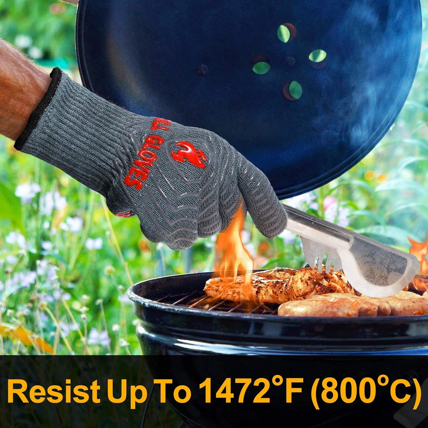 QUWIN BBQ Gloves, Oven Gloves 1472℉ Extreme Heat Resistant, Grilling Gloves Silicone Non-Slip Oven Mitts, Kitchen Gloves for BBQ, Grilling, Cooking, Baking-1 Pair… (Grey, One Size Fits Most)