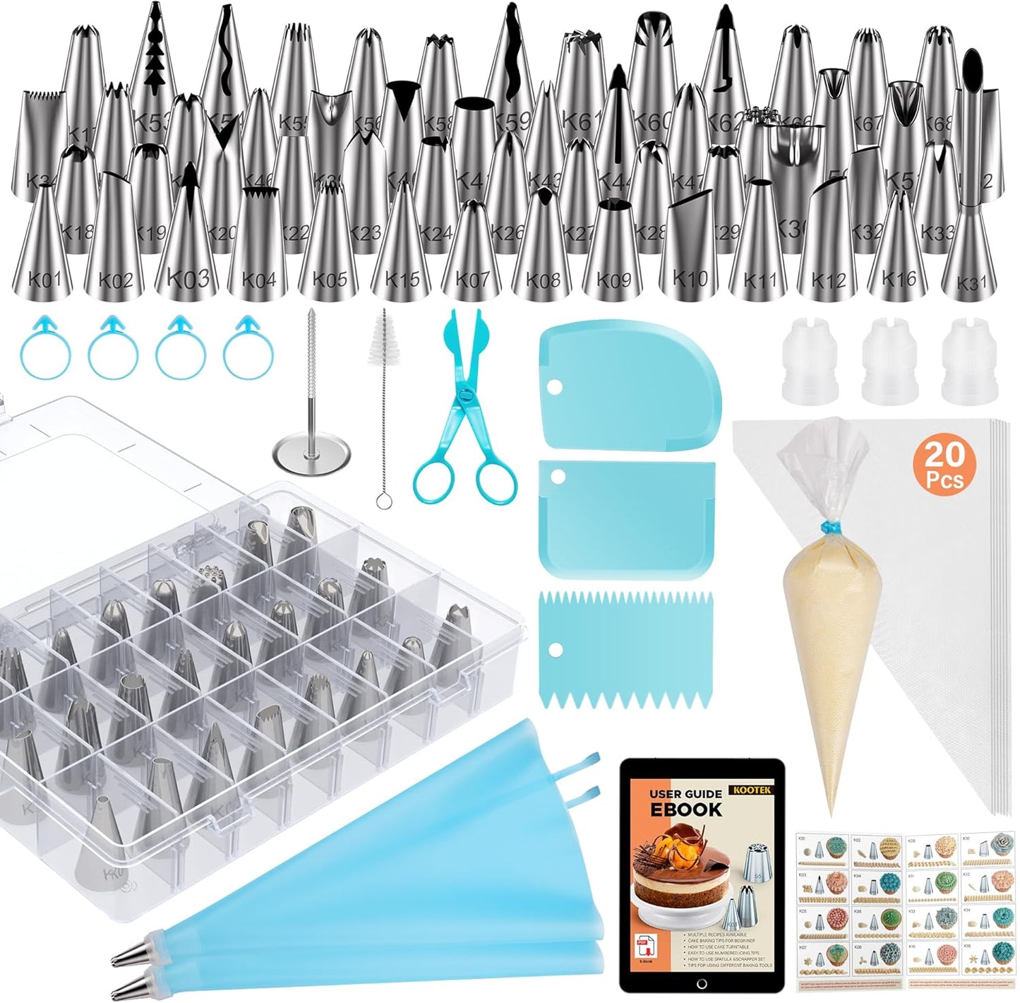 Kootek 90 PCs Piping Bags and Tips Set, Cake Decorating Supplies Kit with 55 Numbered Icing Piping Tips, 20+2 Pastry Bags for Cake Cupcake, Frosting Piping Kit with Booklet and eBook
