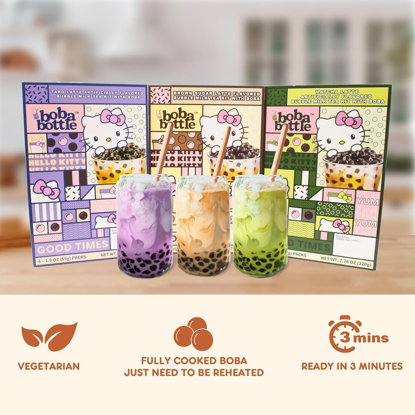 Hello Kitty Instant Boba Milk Tea Variety Kit, Brown Sugar, Taro, Match Flavor, with Taiwan Tapioca Pearls, Paper Straws Included (12 Servings)