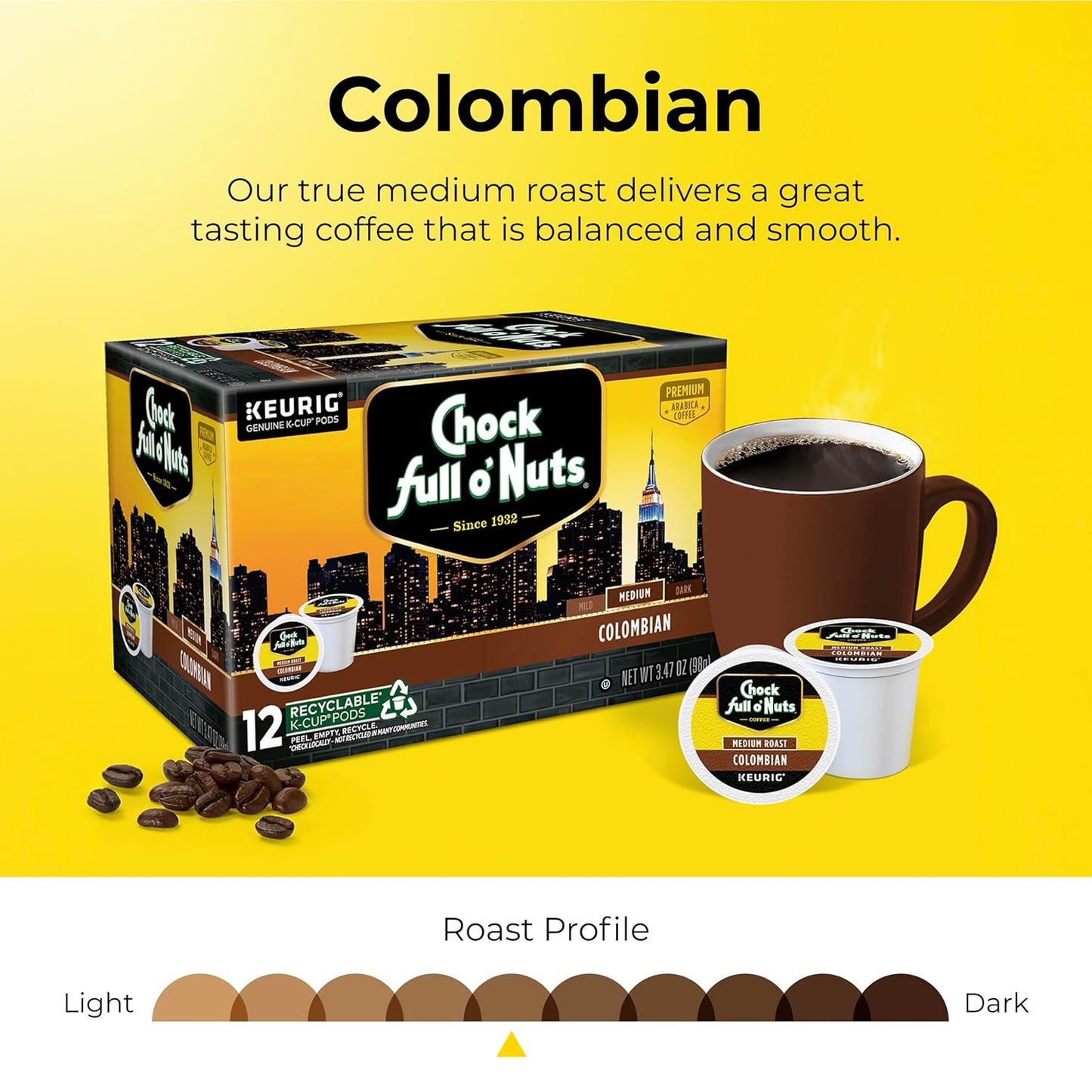 Chock full o’Nuts Colombian Keurig K-Cup Pods for Keurig Brewers – Premium Arabica, Medium Roast – Single Serve – 1 Pack of 12 K-Cup Pods