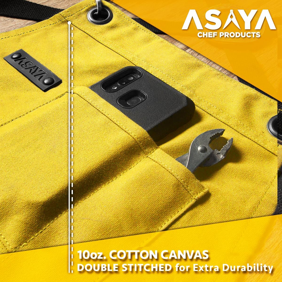 Asaya Chef and BBQ Apron with Bottle Opener and Hand Towel - 10oz Cotton Canvas, Stainless Steel Hardware - Cross Back Straps