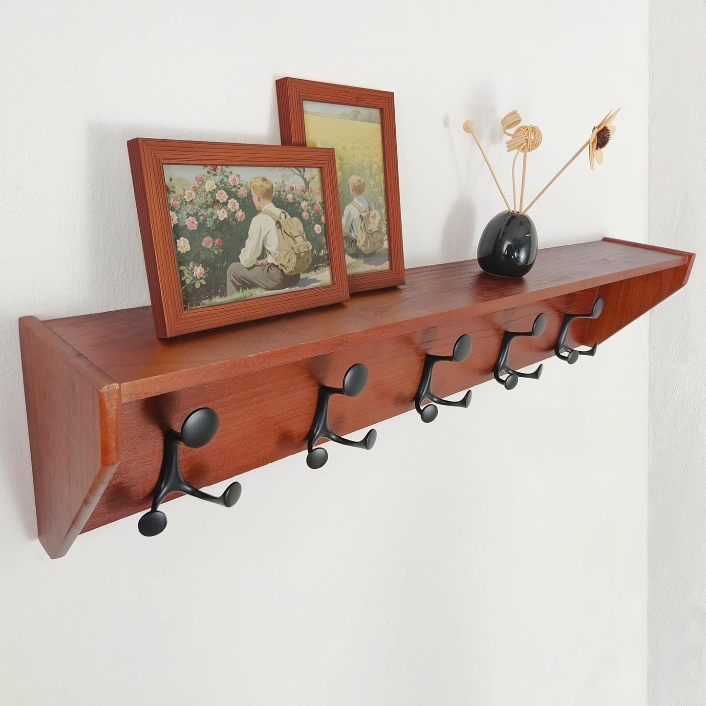 SKOLOO Wall Shelf with Hooks, 35-Inch Cherry Coat Rack Wall Mount with Shelf Organizer - Lightweight & Sturdy, 5 Tri Hooks - Perfect for Entryway, Hallway, Living Room, Bedroom, Mudroom