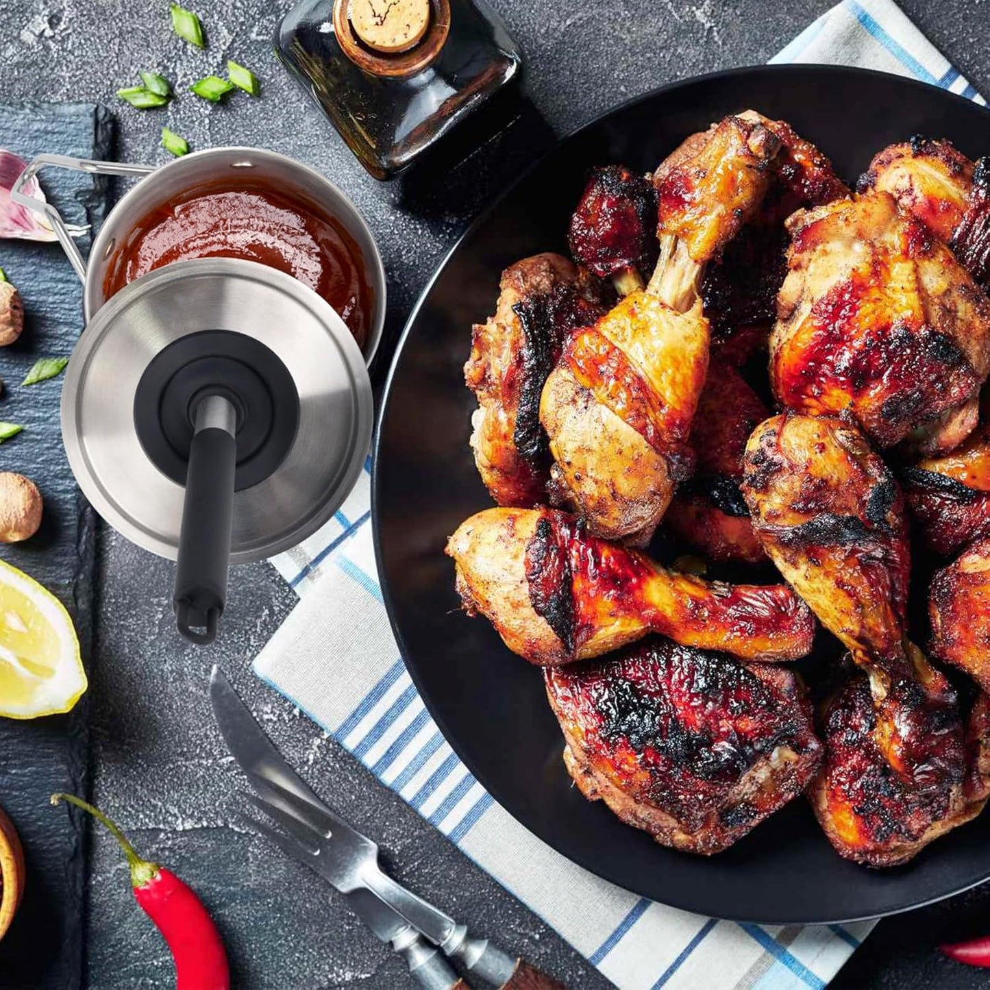 Geesta Adjustable Sauce Pot and Basting Brush Set, Long Stainless Steel Basting Brush for Cooking, Smoking, Fathers Day Grilling Gifts for Men Smoker Accessories, Large Capacity Grilling Tools, 2 Pack