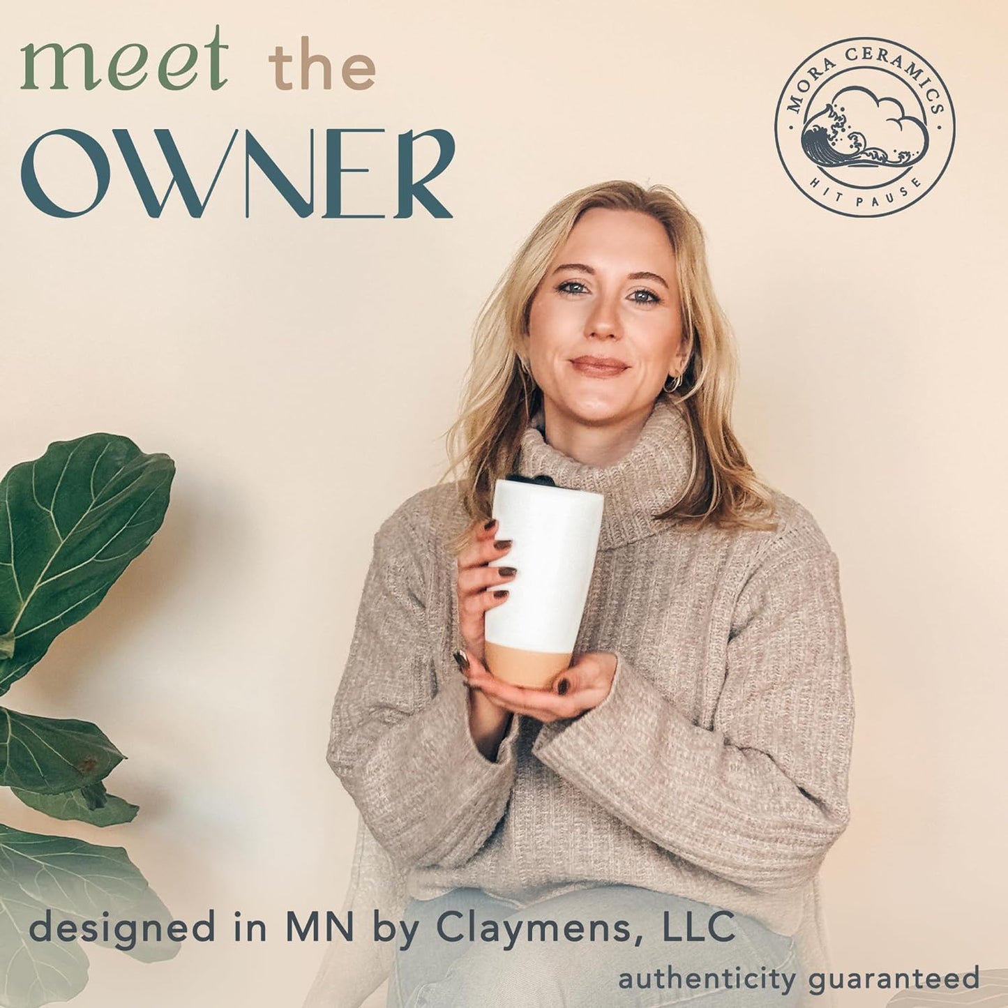 Mora Double Wall Ceramic Coffee Travel Mug with Lid, 14 oz, Portable, Microwave, Dishwasher Safe, Insulated Reusable Tall Cup, Splash Resistant Lid - To Go Tumbler for Car Cup Holder, Cotton White