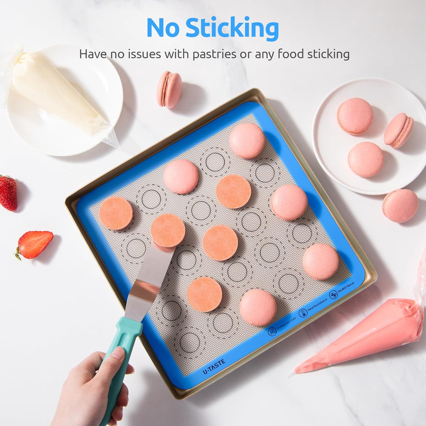 446ºF Heat Resistant Macaron Mat: U-Taste 11x11in Non Stick Silicone Baking Mat, Reusable Cookies Pastry Sheet Liner with Edge Enhancement & Circle Measurement for Square Cake Pan (2 PCS, Light Blue)