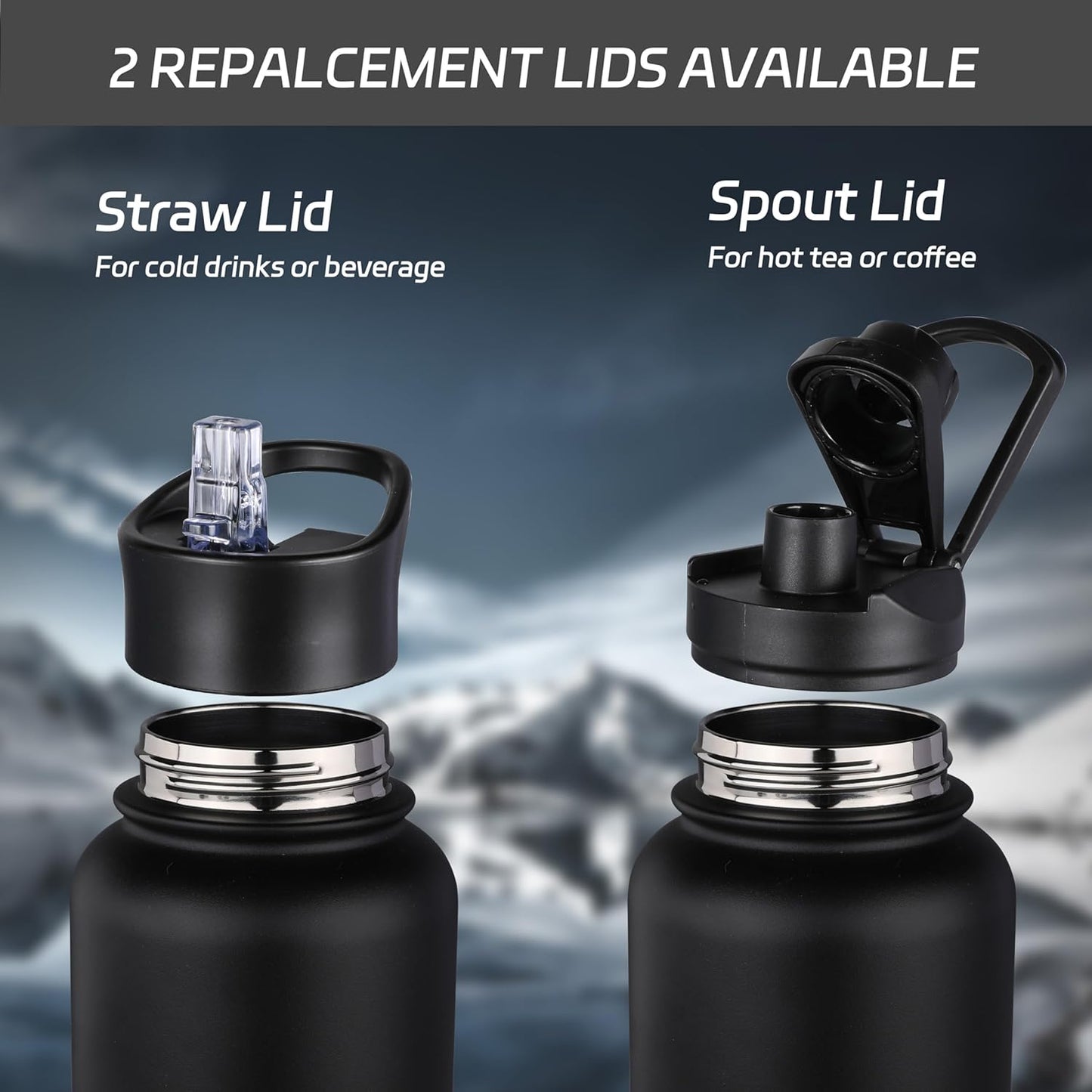 HASLE OUTFITTERS 32 oz Insulated Water Bottle Stainless Steel Double Walled Vacuum Sports Water Bottle with 2 Lids (Straw and Spout Lid) for Gym Camping Hiking(Black,4)