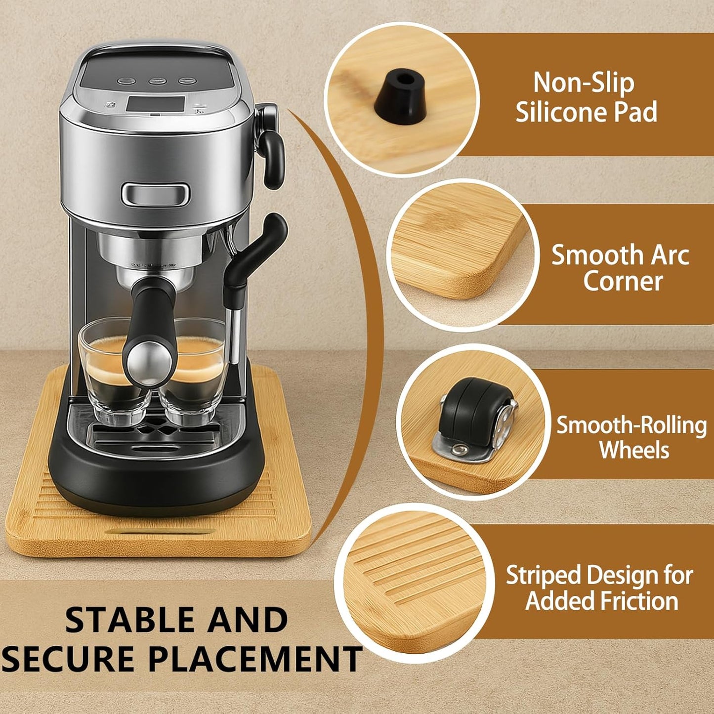 Sliding Tray for Coffee Maker, Appliance Slider Bamboo with Rubber Wheels for Heavy Kitchen Appliances, Coffee Pot Slider Tray for Countertop(14"D x 9.5"W)