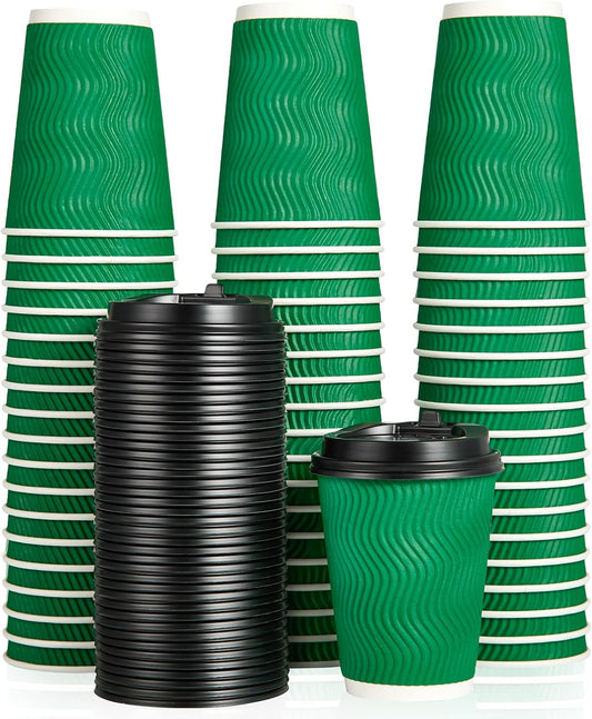 100 Count 12 OZ Coffee Cups with Lids, Insulated Ripple Wall Paper Hot Coffee Paper Cups for Hot Drinks