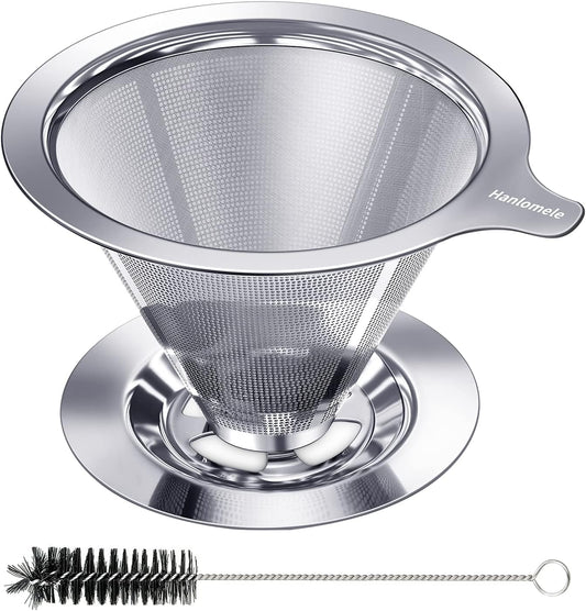 Pour Over Coffee Dripper, Paperless Reusable Coffee Filter, Pour Over Coffee Maker for Single Cup Brew, Double Mesh Design of Stainless Steel Cone Filter for Perfect Extraction (1-4 Cup)