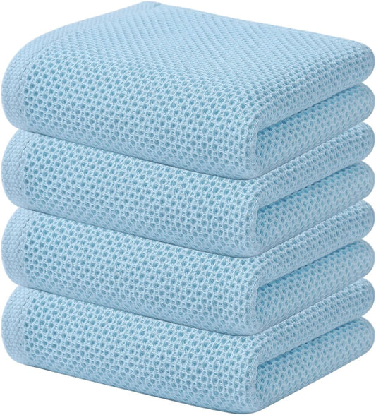 Kitinjoy 100% Cotton Waffle Weave Kitchen Towels (13 X 28 Inches, Sky Blue), 4-Pack Super Soft and Absorbent Dish Towels for Drying Dishes, Kitchen Hand Towels