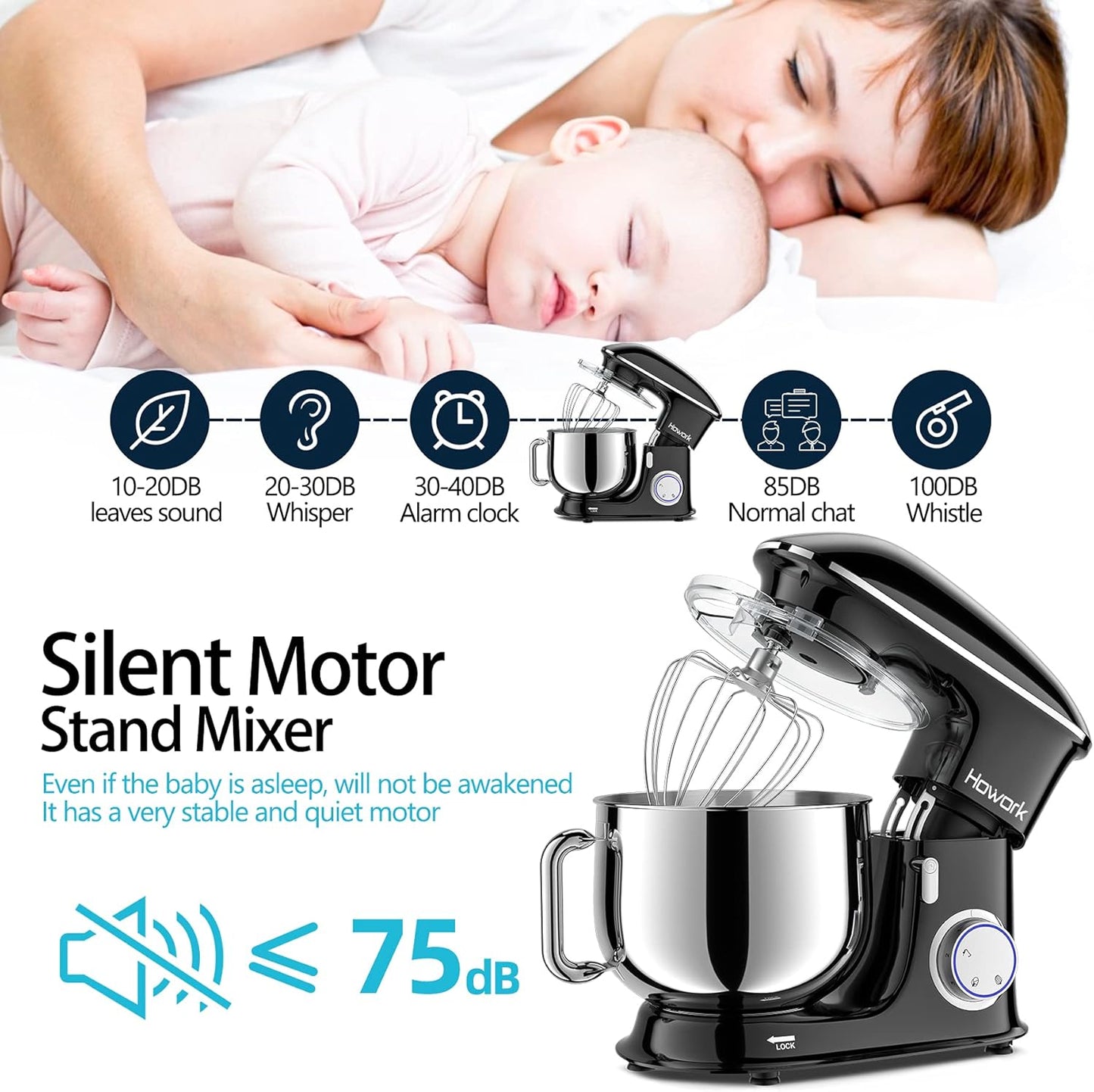 HOWORK 8.5QT Stand Mixer, 660W 6+P Speed Tilt-Head, Electric Kitchen Mixer With Dishwasher-Safe Dough Hook, Beater, Wire Whip & Pouring Shield (8.5 QT, Black)