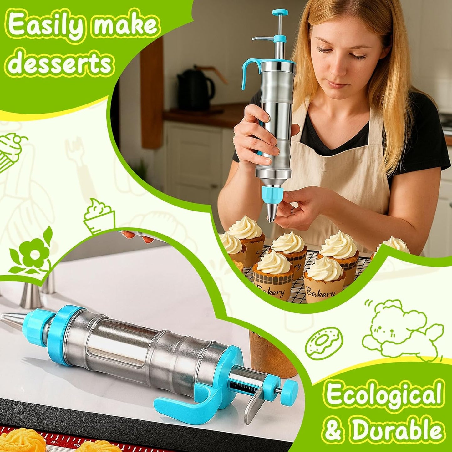 Novano Dessert Decorating Syringe Set, Frosting Piping Kit Stainless Steels Cake Decorating Kit with 6 Piping Tips & 9 silicone cupcakes, Cupcake Decorating Kit Piping Bags and Tips Set