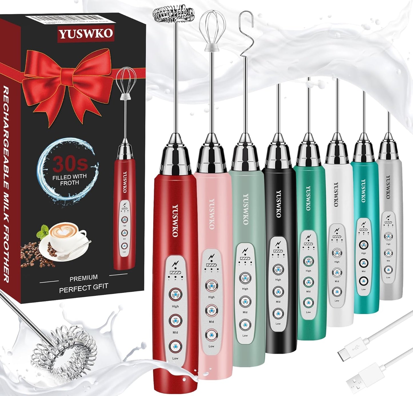 YUSWKO Milk Frother Handheld for Coffee, Rechargeable Drink Mixer with 3 Heads 3 Speeds Electric Coffee Frother Whisk, Gift for Many Occasions and Festival