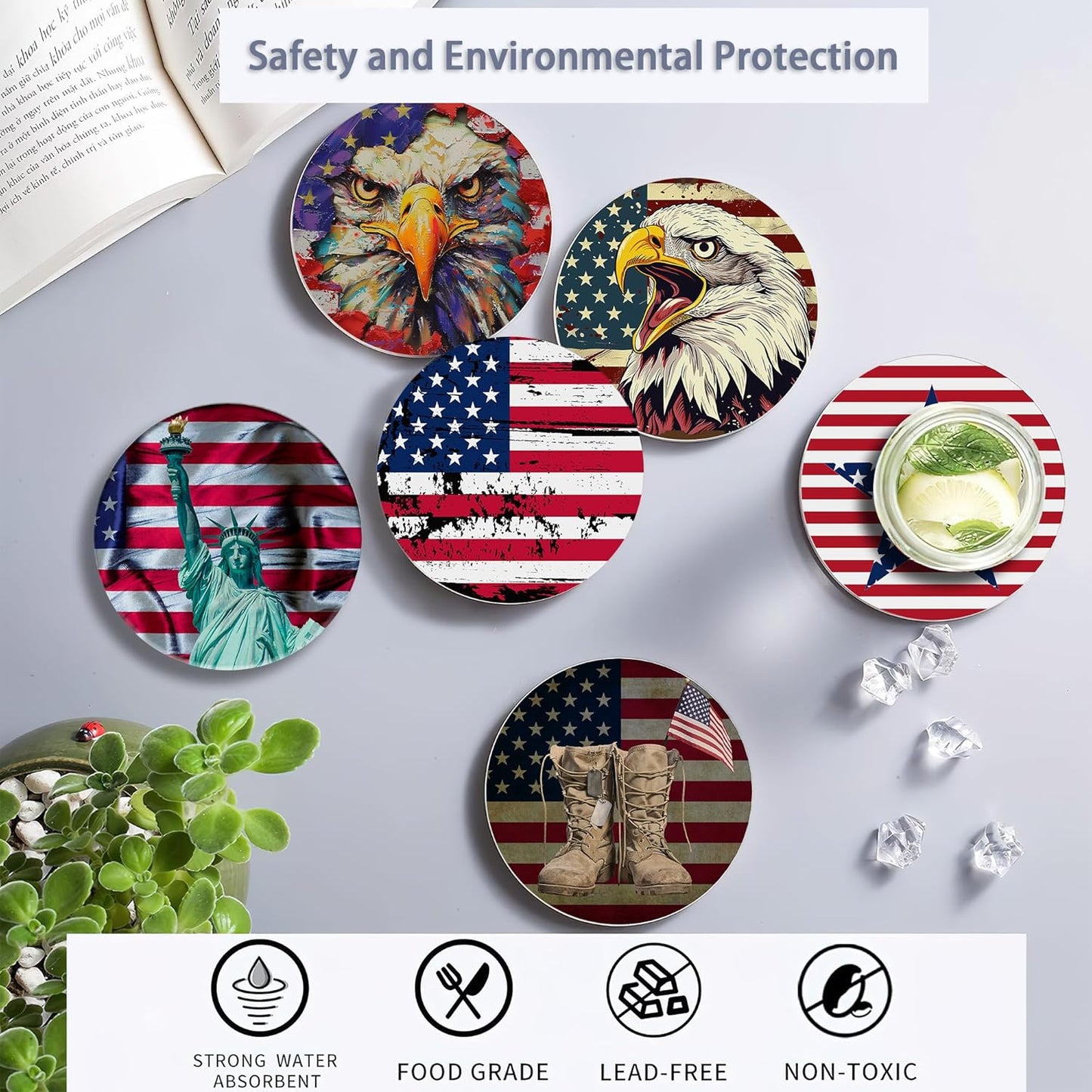 Drink Coasters Set of 6 with Holder, American Flag Eagle Absorbent Ceramic Drink Coaster for Tabletop Protection,Suitable for Kinds of Cups,Drinks Coasters for Home Office Decoration(4 Inches)
