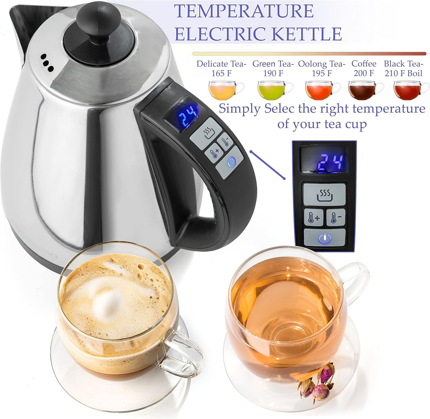 Mixpresso Electric Kettle Temperature Control, Hot Water Kettle Electric, Cordless 1 Liter Capacity, Keep Warm & LED Indicator, Auto-Shutoff, Boil-Dry Protection, Stainless Steel Electric Kettle