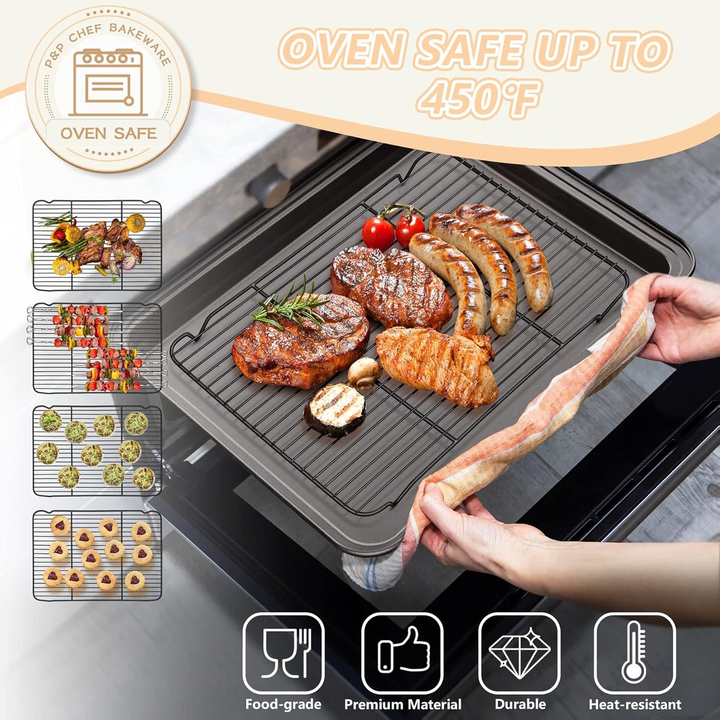 P&P CHEF Cooling Baking Rack Pack of 2, Stainless Steel Cooling Racks for Cooking Baking Roasting Grilling Drying, Dense Wires & Smooth Edge, Easy to clean, Black, 16.6" x 11.5"