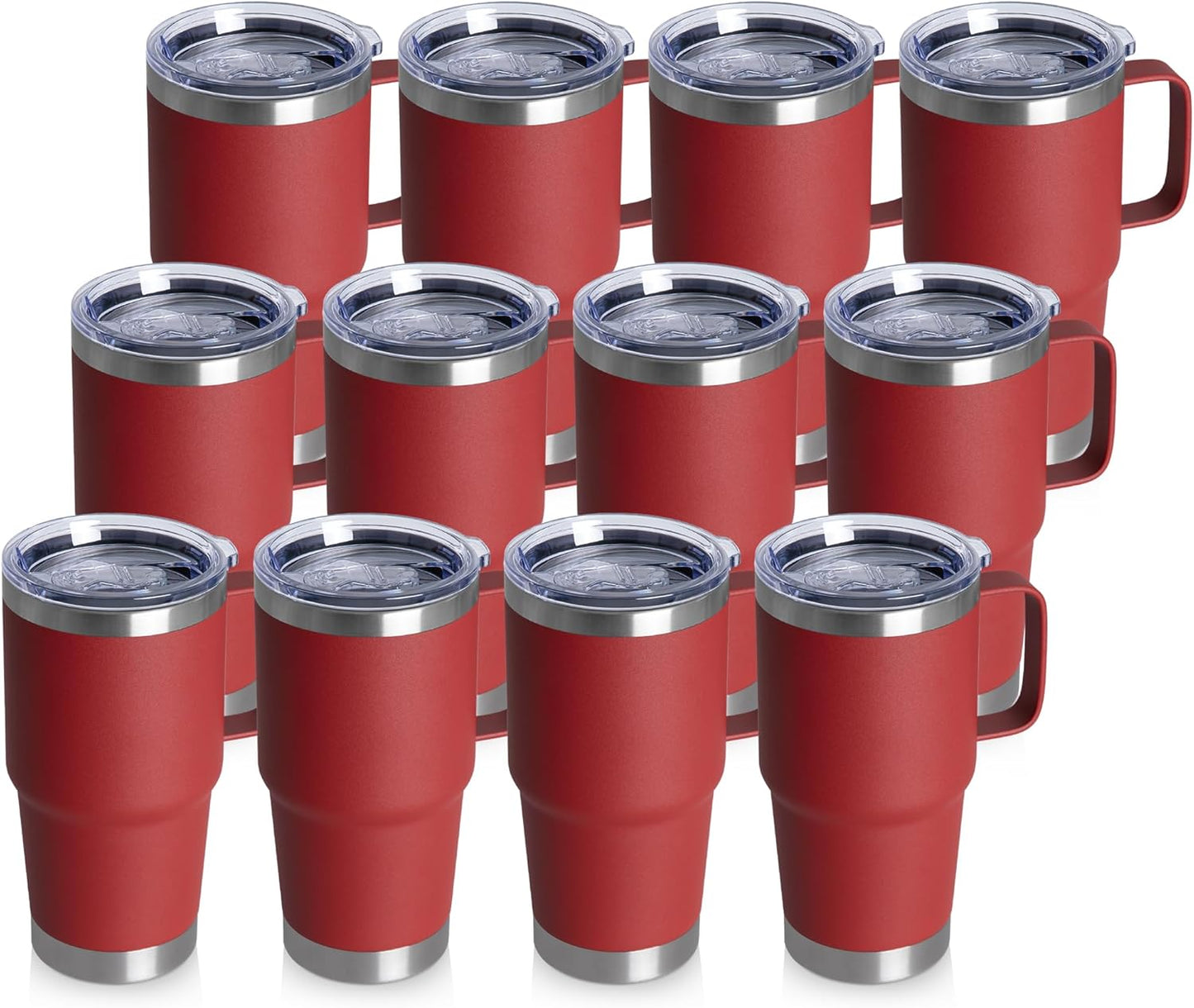 HASLE OUTFITTERS 20oz Tumbler Bulk with Lid, Stainless Steel Tumbler Bulk with Handle, Metal Insulated Travel Coffee Mug Set with Handle, Double Wall Vacuum Leak Proof Tumbler Cup, Red 12 Pack
