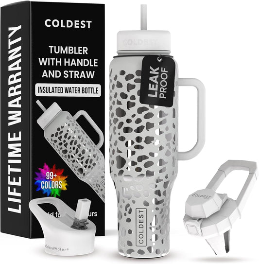 Coldest 40 oz Tumbler with Handle and Straw, 100% Leak Proof Insulated Tumbler with Lid and Straw (3 Lids), Stainless Steel Tumblers for Women & Men, Cup Holder Friendly, 46 oz (Silver Leopard)