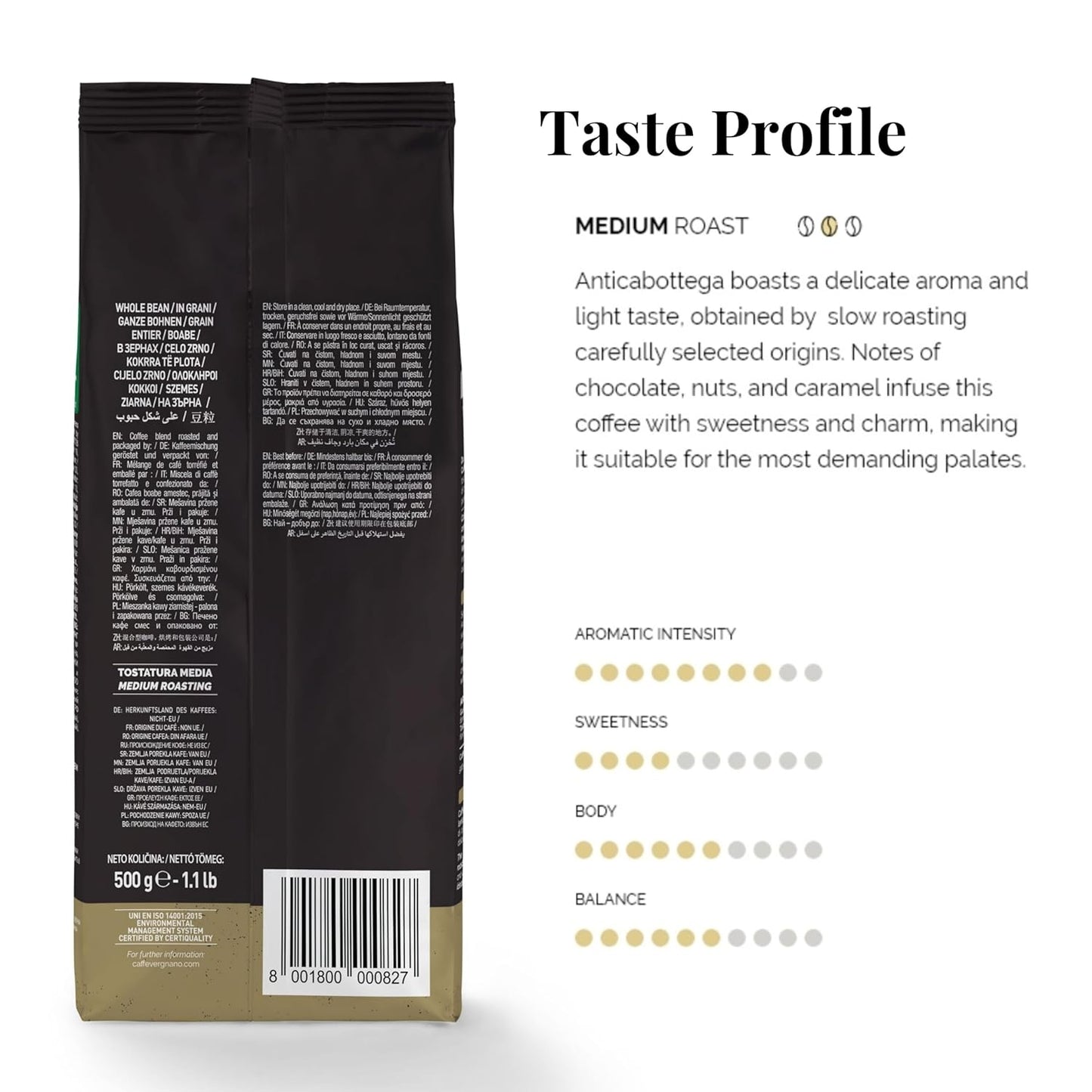 Caffe Vergnano 1882 Antica Bottega Whole Bean Arabica Medium Roast Espresso, 1.1 lbs Bag - Italian Coffee Beans with notes of Chocolate, Nuts & Caramel, Intensity 5/10-500g Bag