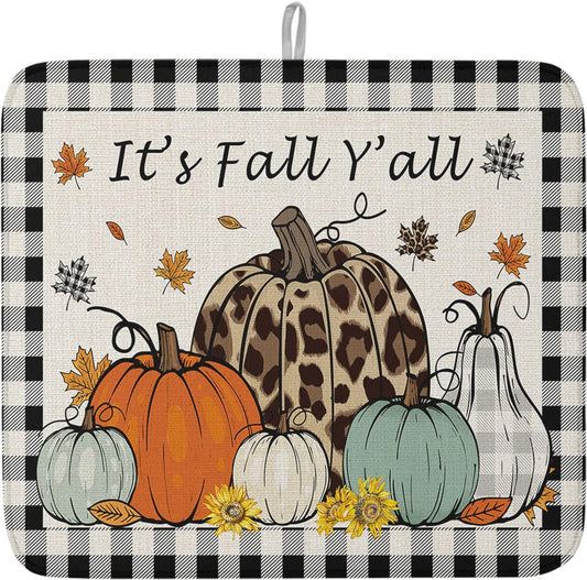 Fall Dish Drying Mat for Kitchen Counter Pumpkin Drying Pad Absorbent Drying Mats for Countertops Sinks Draining Racks Maple Leaves Black Buffalo Plaid Drainer Holiday Harvest Thanksgiving Decor 18x24