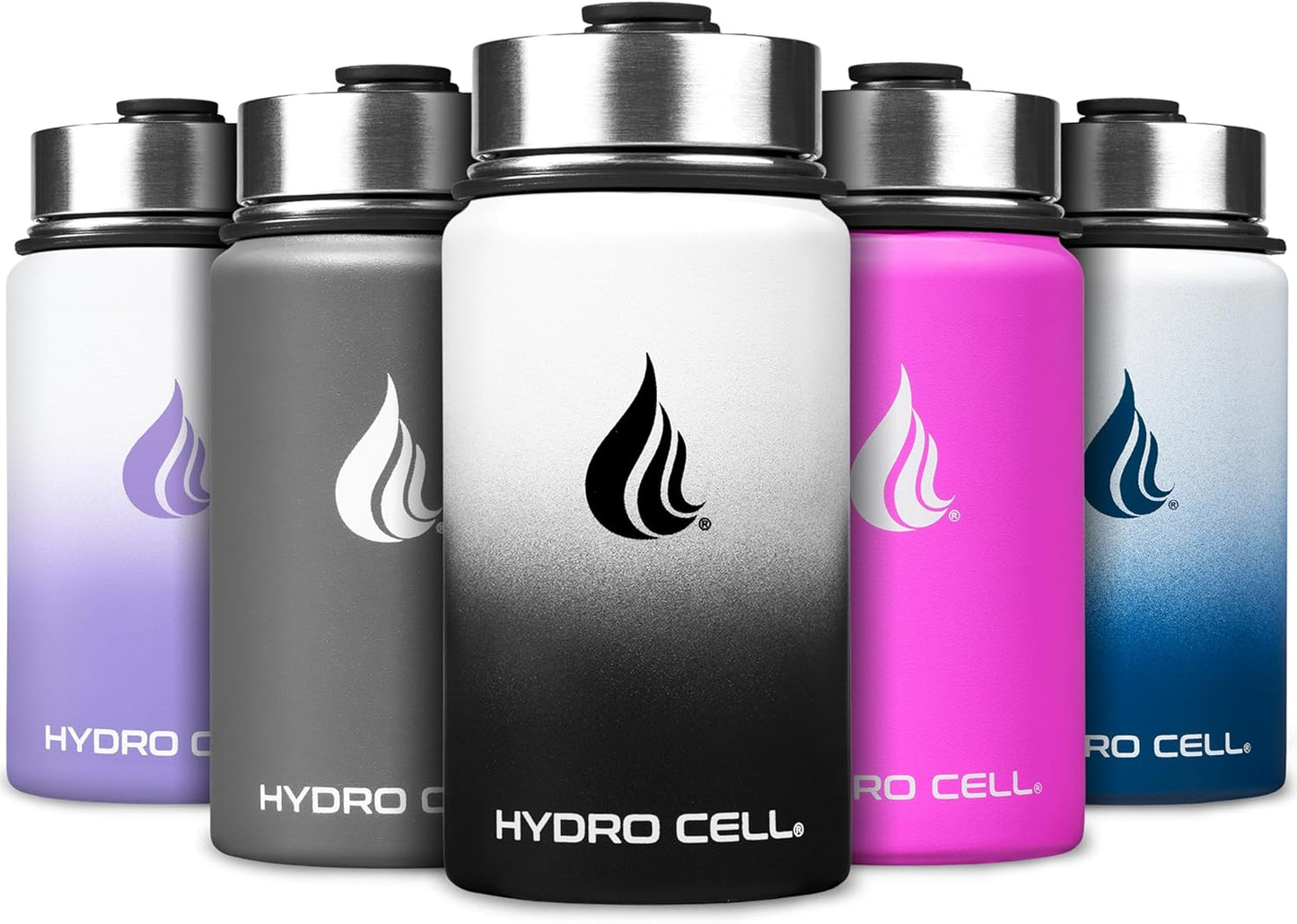 HYDRO CELL Stainless Steel Insulated Water Bottle with Straw - For Cold & Hot Drinks - Metal Vacuum Flask with Screw Cap and Modern Leakproof Sport Thermos for Adults (Black/White 14oz)