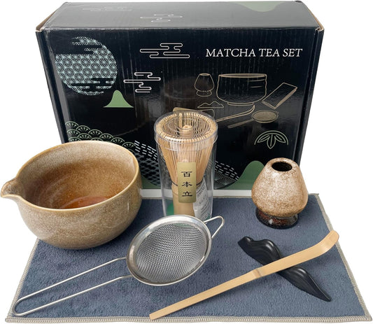 Matcha Tea Set (7pcs) - Matcha Whisk Set with Bowl, Whisk Holder, and Pouring Spout Bowl, Perfect Matcha Starter Kit for Tea Ceremony (Amber Sand)