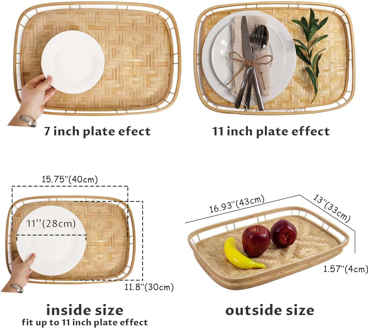 PEMAR Set of 4 Bamboo Wicker Serving Trays for Foods & Drinks, Rectangular Breakfast Lap Trays with Handles Wooden Decorative Platters for Coffee Table, Bed Eating