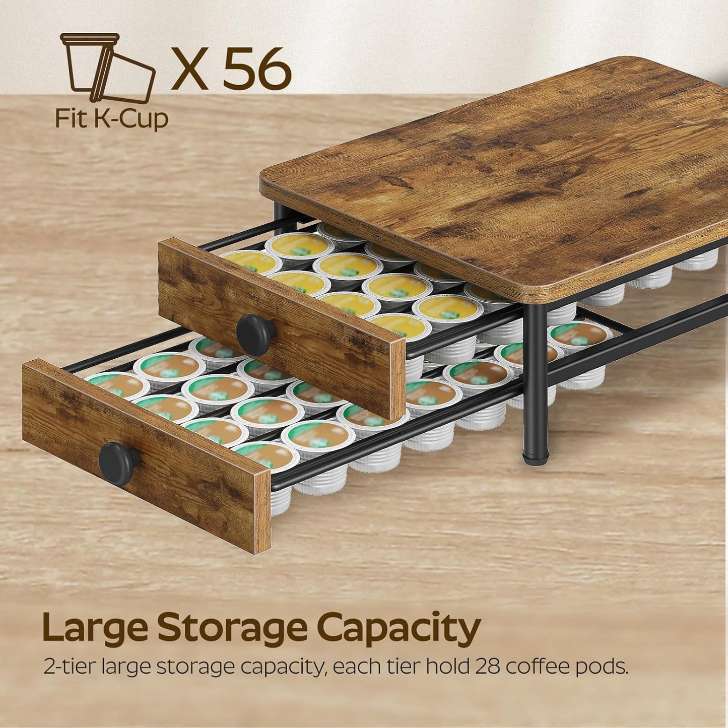 Coffee Pod Drawer Holder for K Cup, 56 Pods Capacity, 2 Tier Organizer for K Cup, Coffee Pod Organizer for Countertop, Space Saving, Easy Assembly, Rustic Brown KH28BRY1