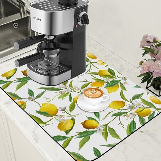 Lemon Fruits Coffee Mat Absorbent Dish Drying Mat for Kitchen Counter Hide Stain Rubber Backed Coffee Bar Accessories Fit Under Espresso Machine, 15.7 x 23.6 Inch