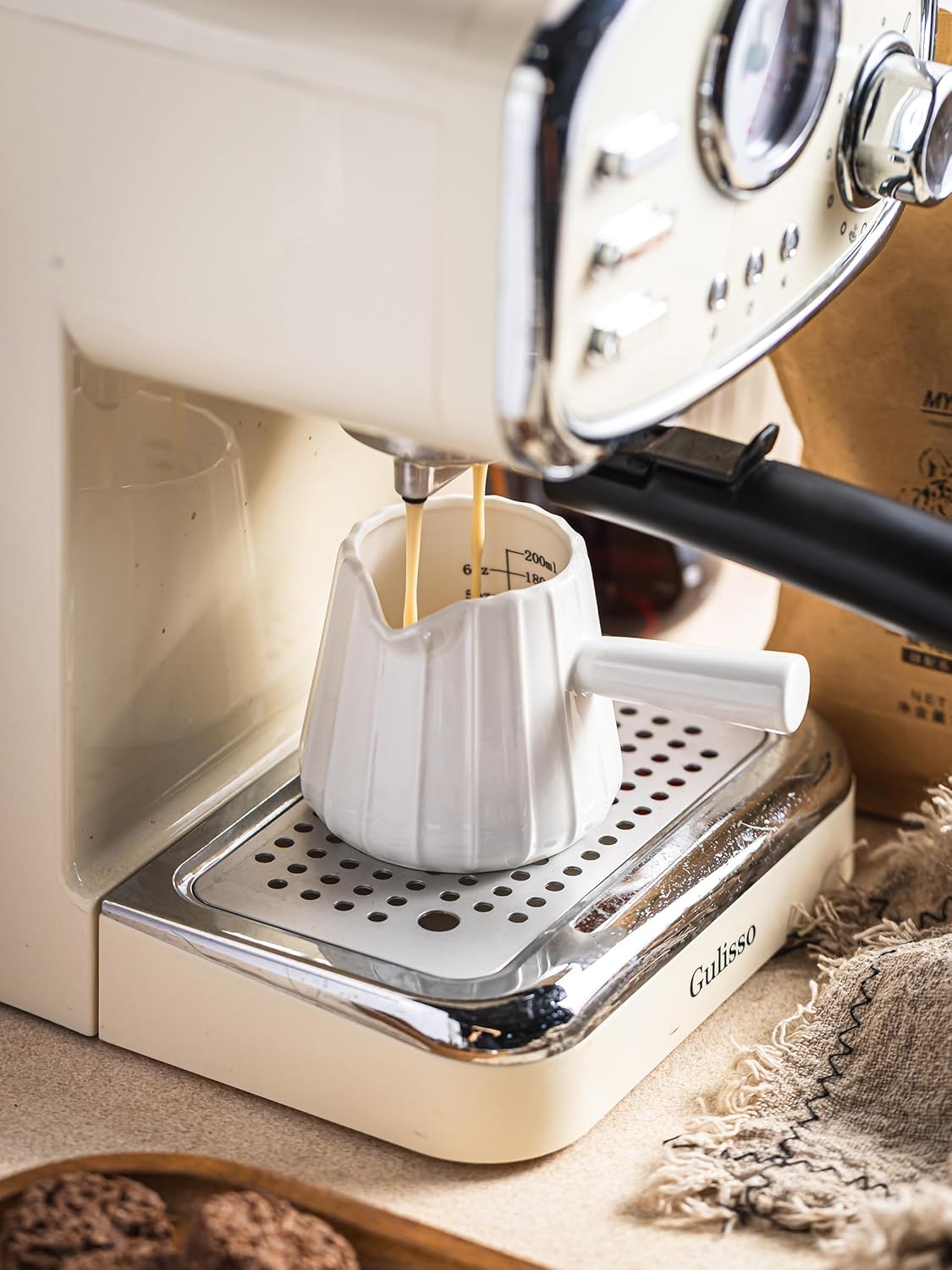 Espresso Cups Ceramic, 200ML Espresso Measuring Cup with Handle, Expresso Shots Cups with Scale, Espresso Accessories, White