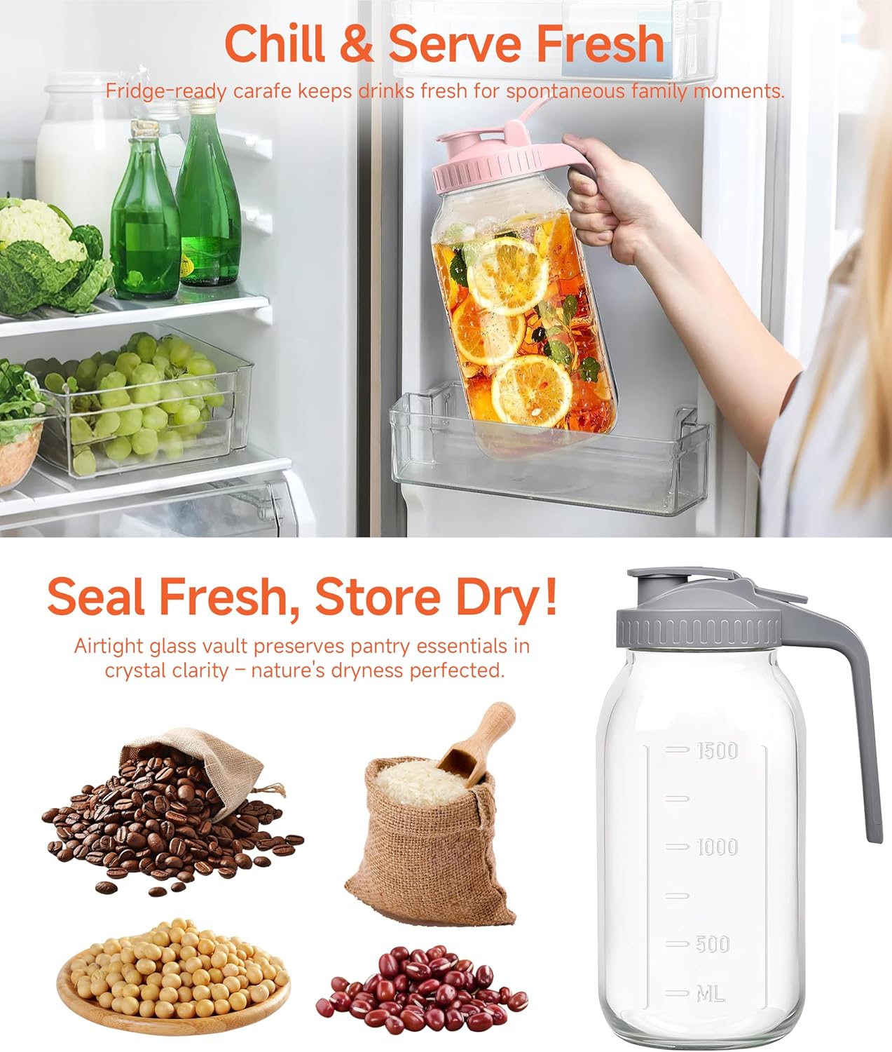 64oz Large Mason Jar Pitcher with Lid, 2 Quart Glass Tea Pitchers for Fridge, Leak-proof Coffee Dispenser,Heavy Duty Water Container for Sun Tea,Cold Brew Juice,Breastmilk Storage(Black+Gray+Pink）