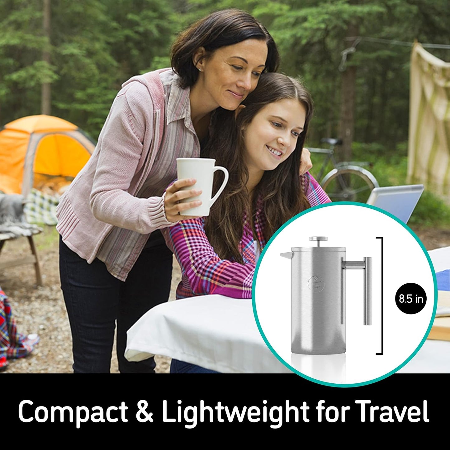 Coffee Gator French Press Coffee Maker 34oz, Double Insulated Stainless Steel Brewer plus Travel Jar Canister, Portable Hot Cold Brew Tea Cafetera for Coffee Bar Accessories Kitchen Camping, Black