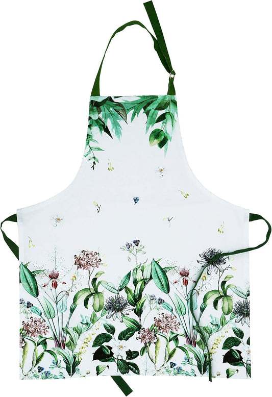 AMOUR INFINI Cotton kitchen Aprons with Adjustable Strap & Waist Ties for Baking Cooking Gardening Spring Apron (Floral Shrubs- 27.5 x 33 Inches)