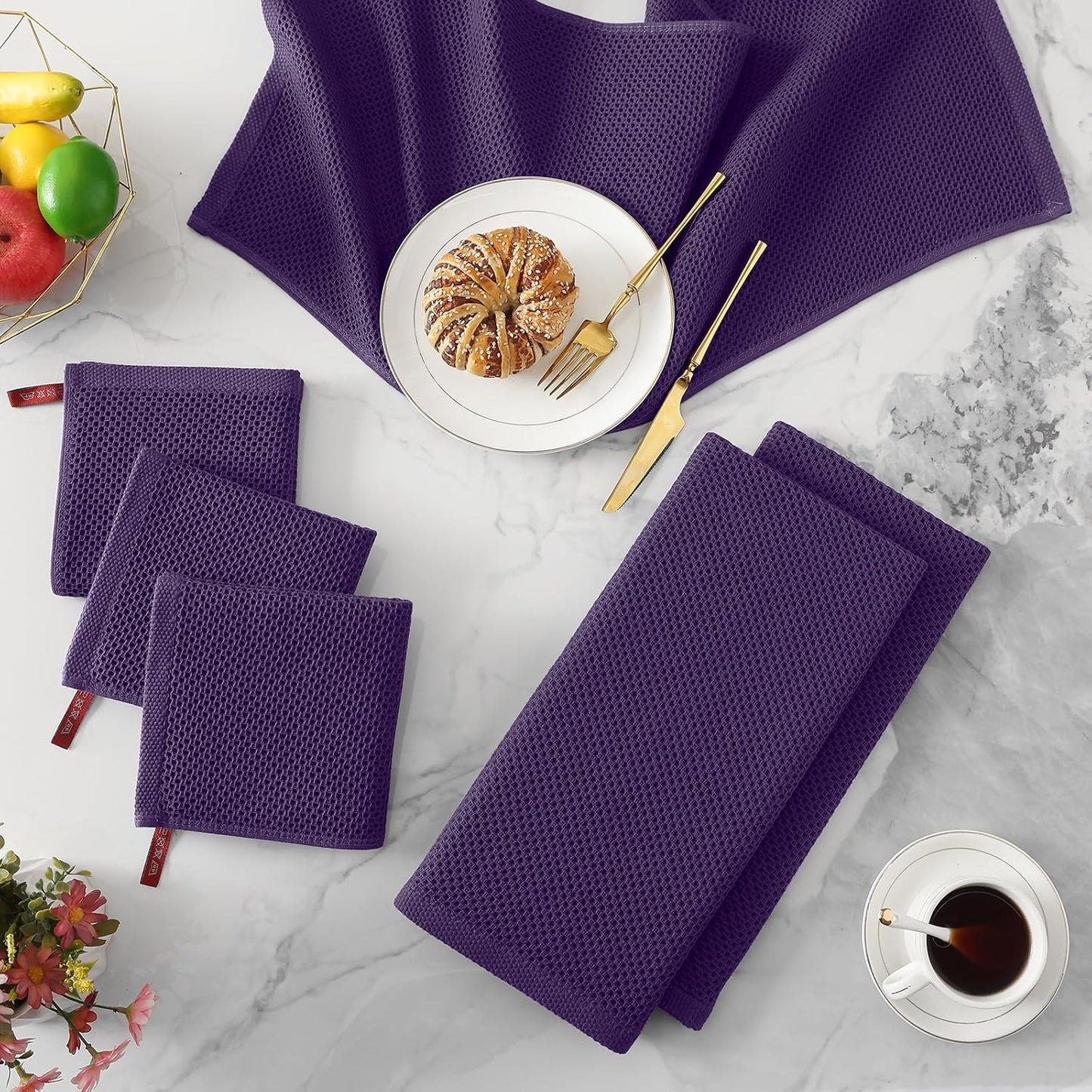 Kitinjoy 100% Cotton Waffle Weave Kitchen Towels (13 X 28 Inches, Eggplant), 4-Pack Super Soft and Absorbent Dish Towel for Drying Dishes, Kitchen Hand Towels