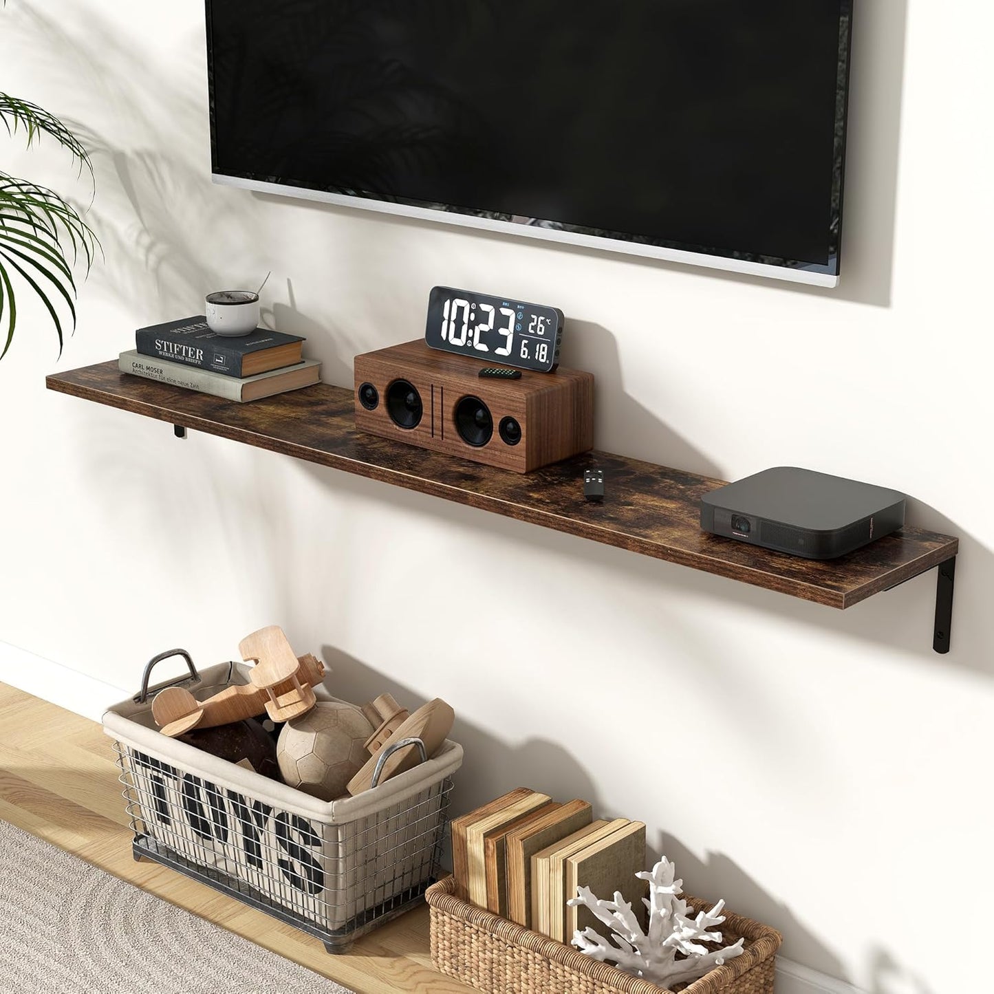 Fun Memories Deep Floating Shelves, 55W x 8D Floating Shelves Set of 2, Wall Mounted Shelf with Metal Brackets, Rustic Wood Wall Shelf for Bathroom, Kitchen and Living Room, Rustic Brown