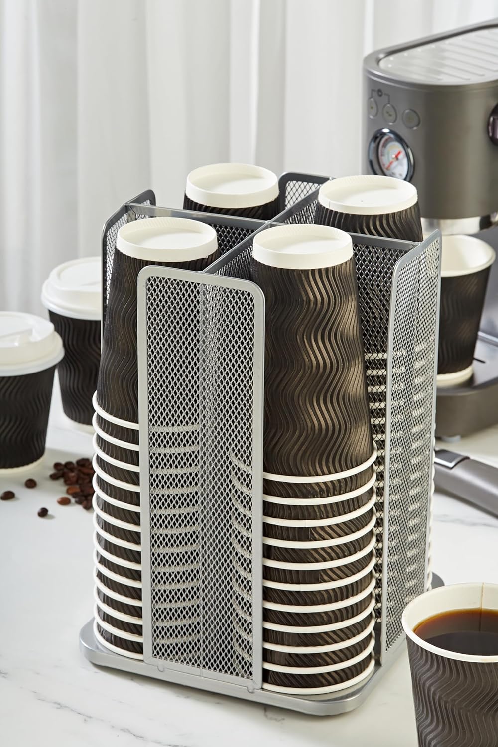 Annova Paper/Plastic Cup and Lid Holder Plastic Storage Organizer, 360°Rotating Coffee Mup Dispenser with 4 Compartments, Multifunctional Storage Rack for Home, Office, Bar, Coffee Shop (Silver)