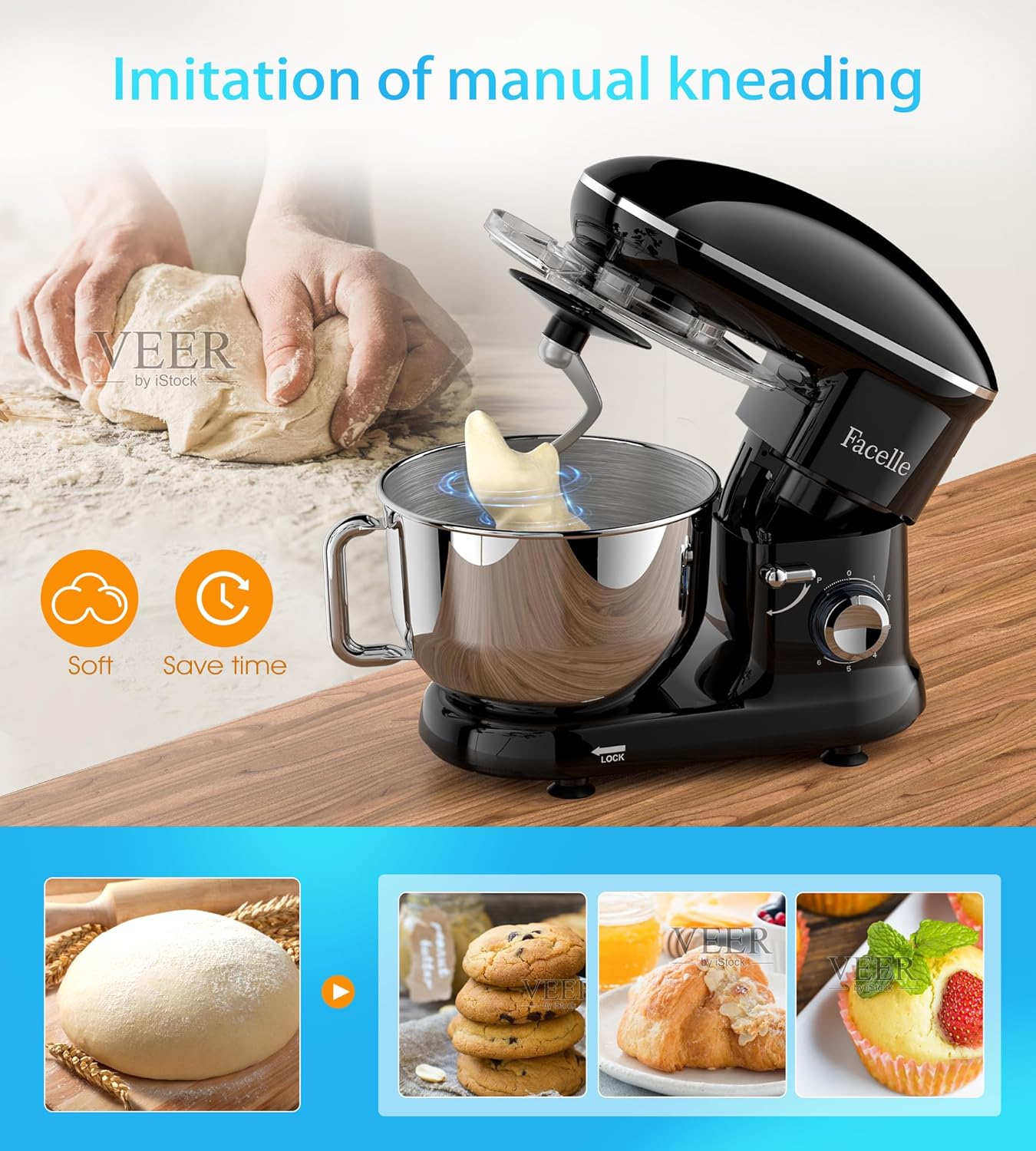 Facelle Stand Mixer, 660W 6 Speed Electric Kitchen Mixer with Pulse Button, Attachments include 6.5QT Bowl, Dishwasher Safe Beater,Dough Hook,Whisk & Splash Guard for Dough,Baking,Cakes,Cookie(Black)