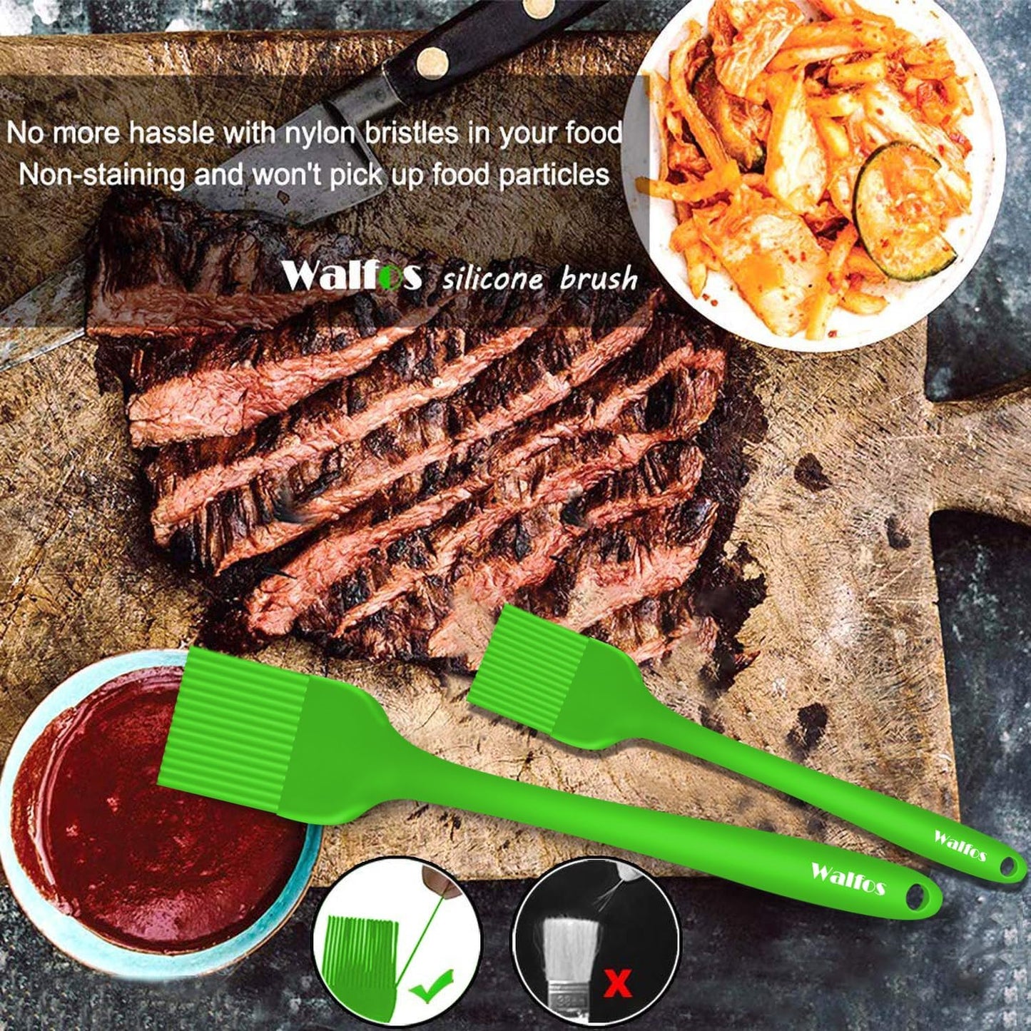 Walfos Silicone Basting Pastry Brush, Heat Resistant Pastry Brush Set, Strong Steel Core and One-Pieces Design, Perfect for BBQ Grill Baking Kitchen Cooking,BPA Free and Dishwasher Safe,2Pcs (green)