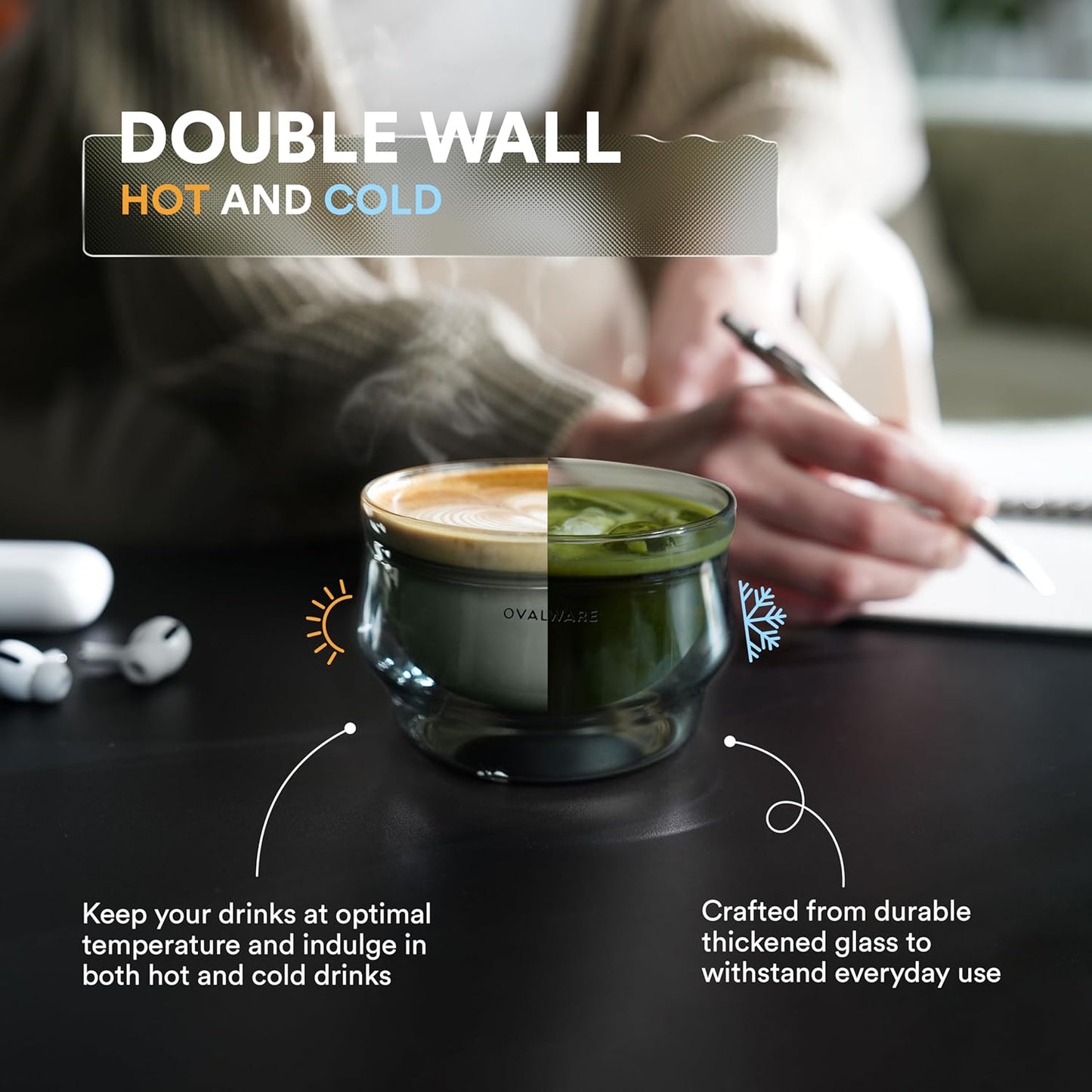 ovalware 8.5oz Double Wall Latte Cups, Latte Set of 2 - Latte Glasses for Cold & Hot Drink, Palm-Sized Cups with Wide Rim for Artistic Designs - Stealth Gray
