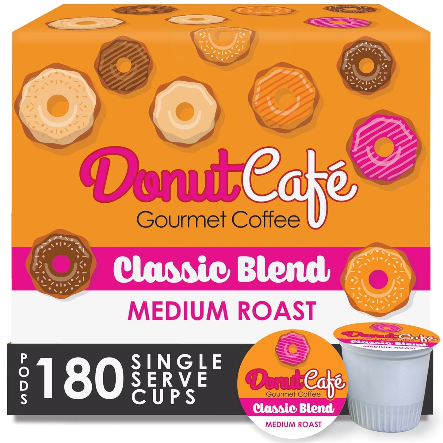 Donut Cafe Single Serve Coffee Pods for Keurig K-Cup Brewers, Classic Blend, Medium Roast, 180 Count Mega Pack