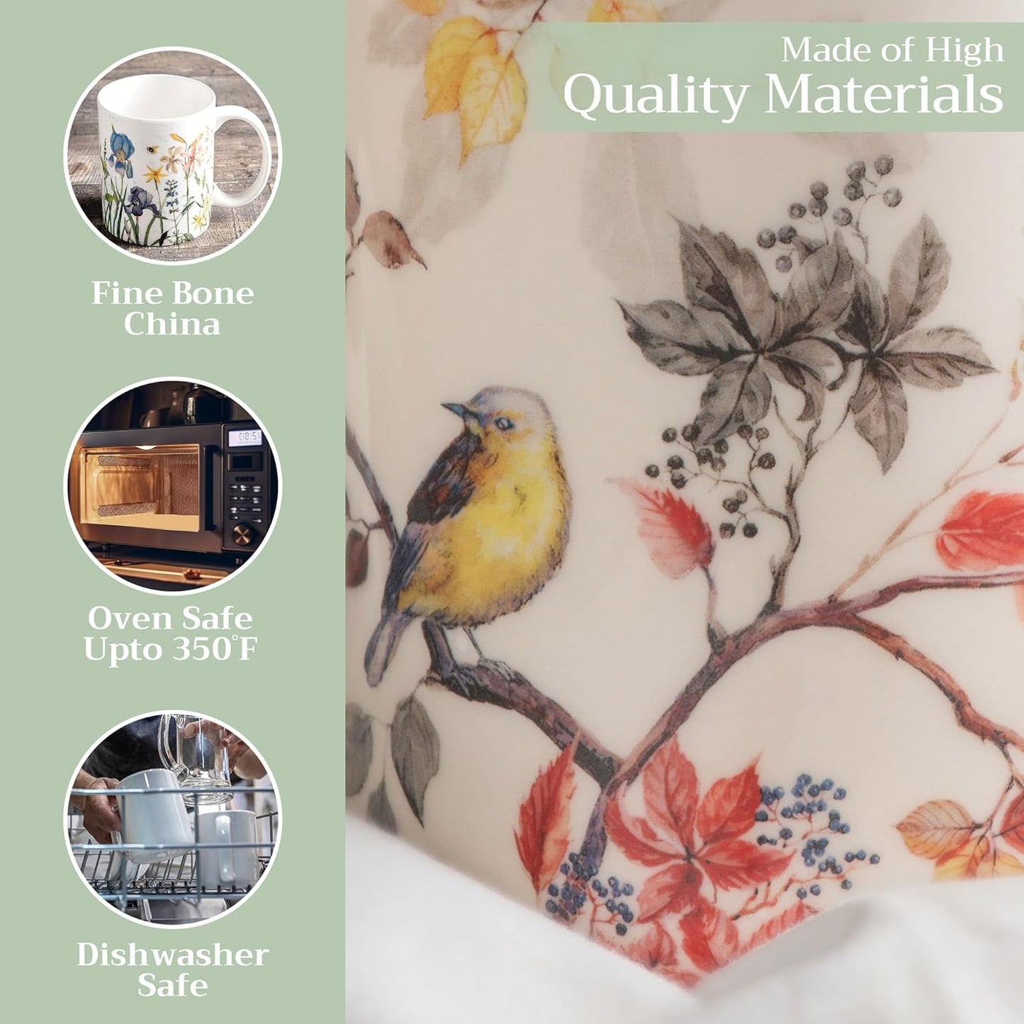 Maison d' Hermine Coffee Mug with Handles Fine Bone China Mugs Pack of One Tea Cups for Hot Beverages Cappuccino Latte Home Restaurant Office Perfect for Gift (Equinoxe - Beige Passerine, 12 Ounce)