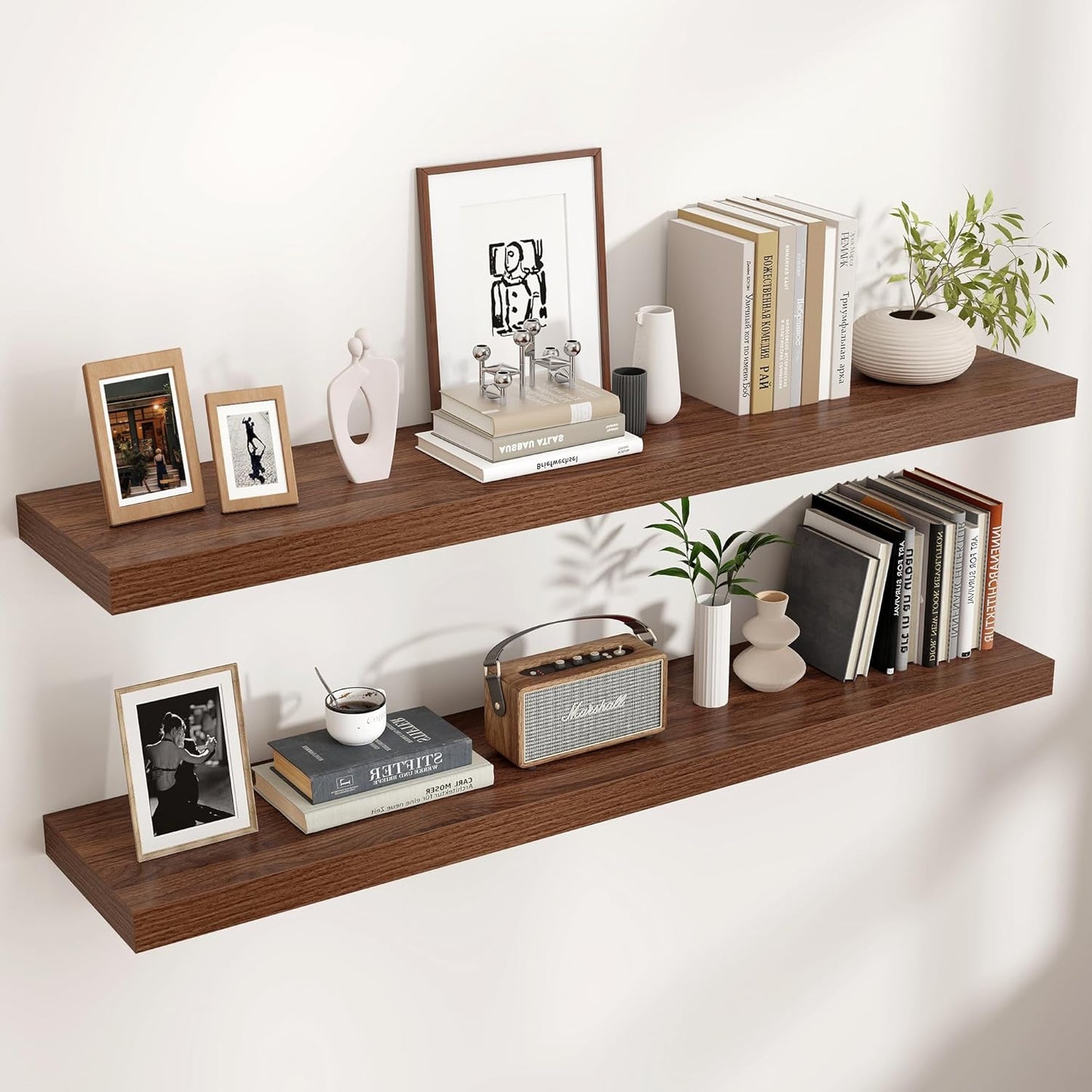 Floating Shelves - 2 Large Wall Mounted Shelves with Invisible Brackets, Long Walnut Wood Floating Wall Shelf for Living Room, Bedroom, Kitchen (48" W x 9" D x 1.5" H)